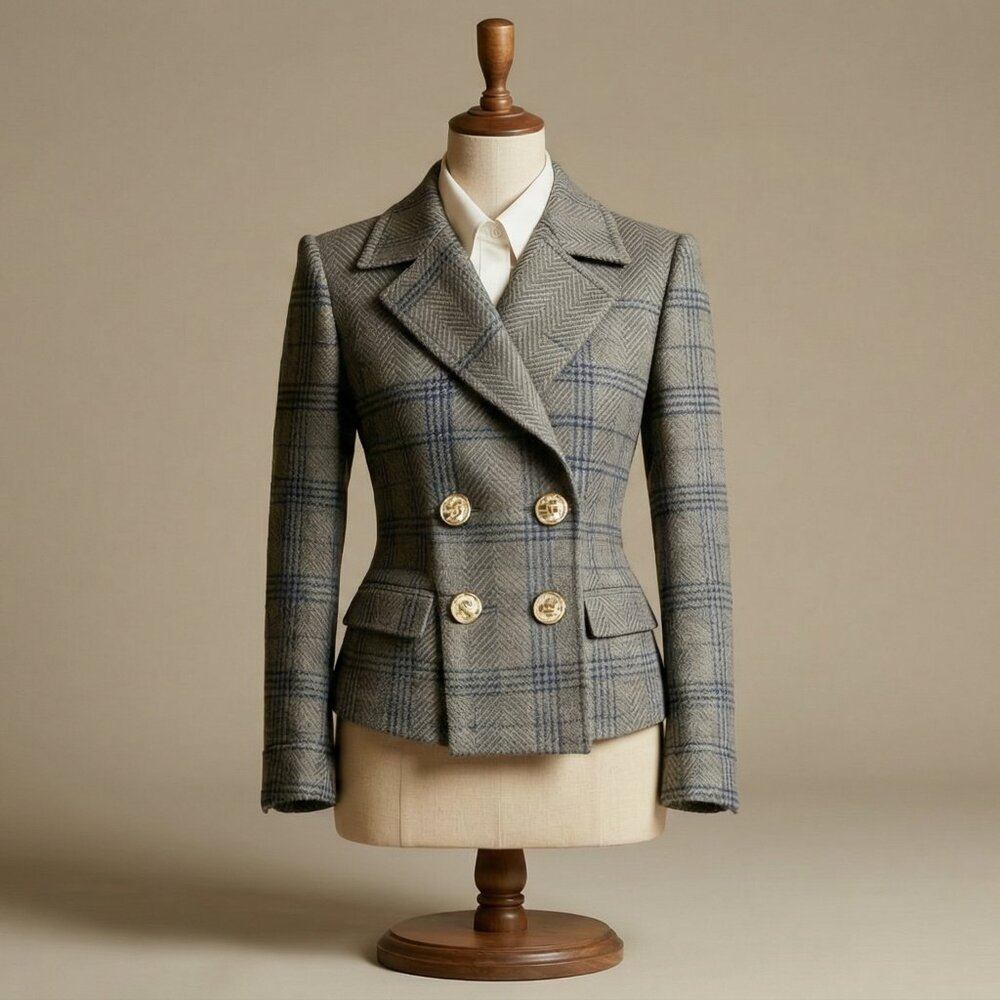 Plus Gray Plaid Double-Breasted Blazer | Gold Buttons, Lapel - Picture 6 of 6